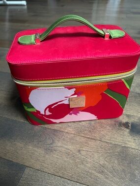 Ted Baker Red Floral Cosmetic Train Case with Green Handle
